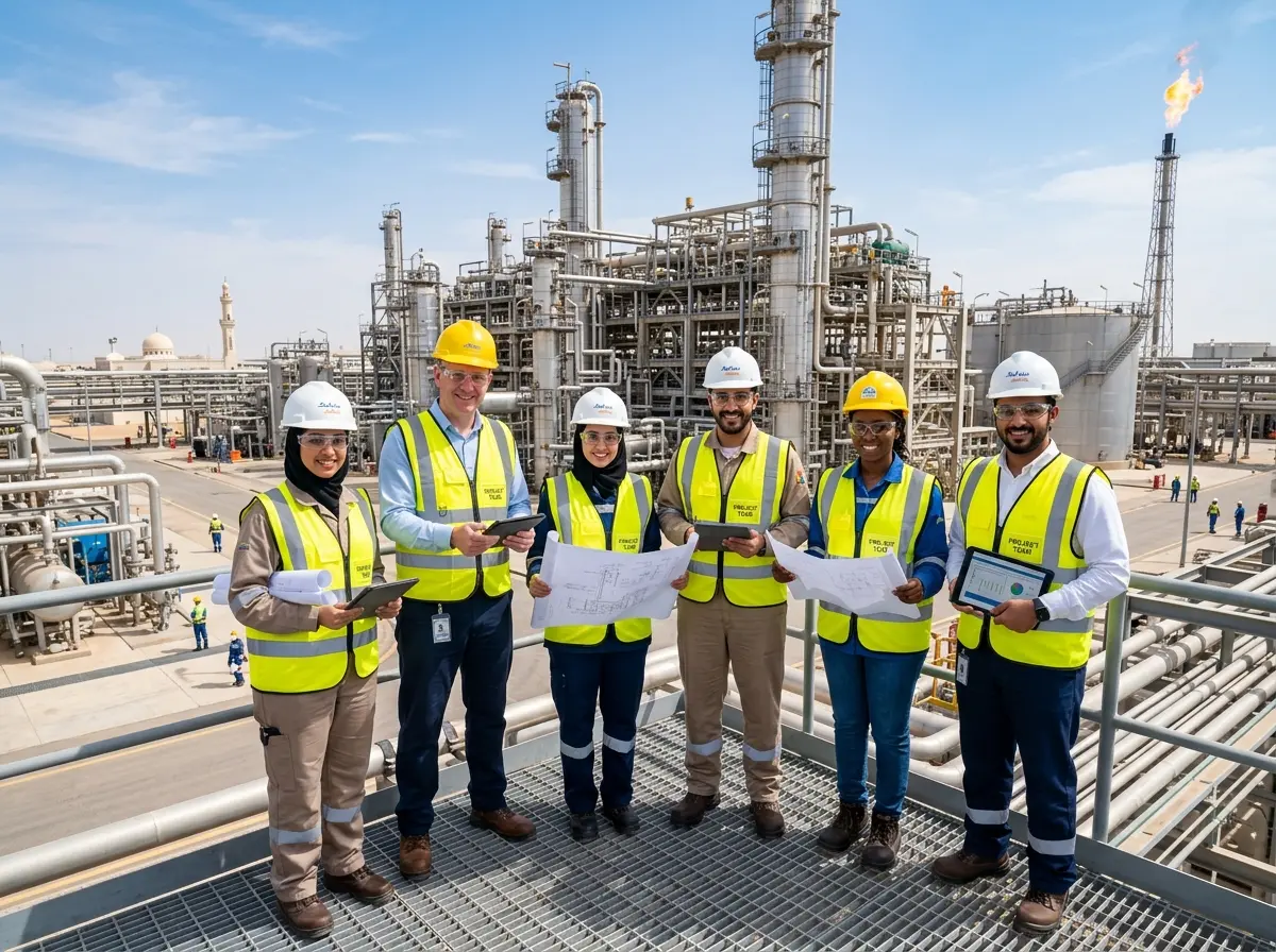 Saudi Engineers with Blueprints and Tablets